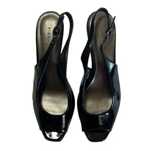 Fioni Women's Black Patent Leather Slingback Heels Size 8 4-Inch Heel Peep Toe